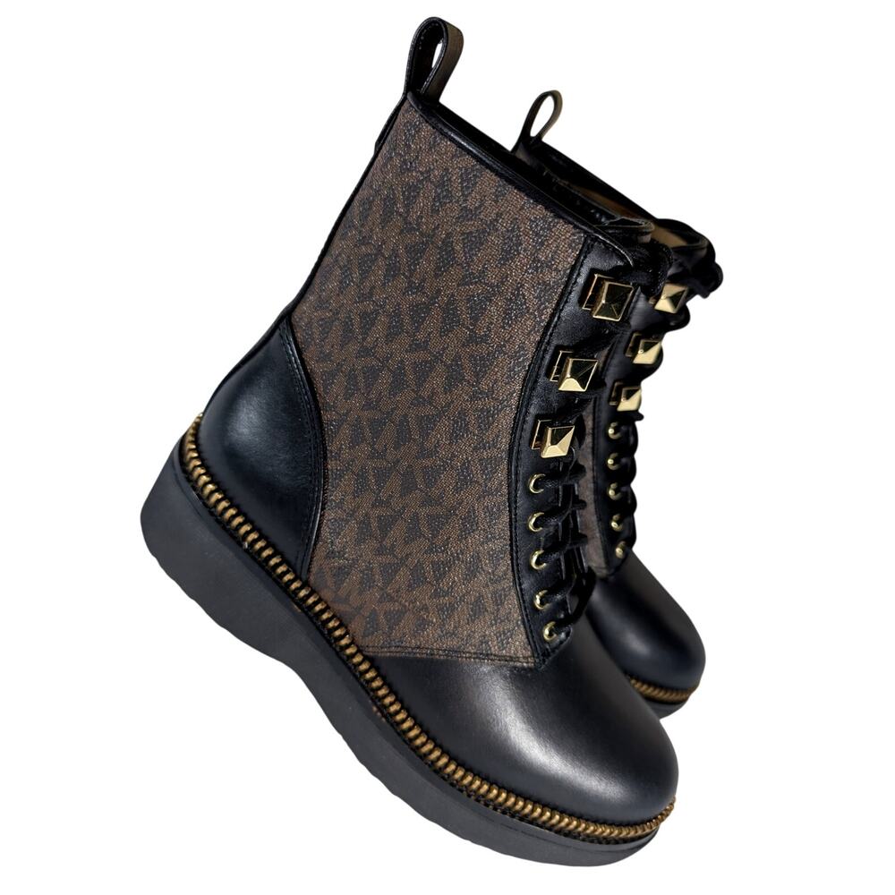 NIB! MICHAEL KORS! BLACK/BROWN GENUINE LEATHER LACED, SIDE ZIP ANKLE BOOTS! 5.5M